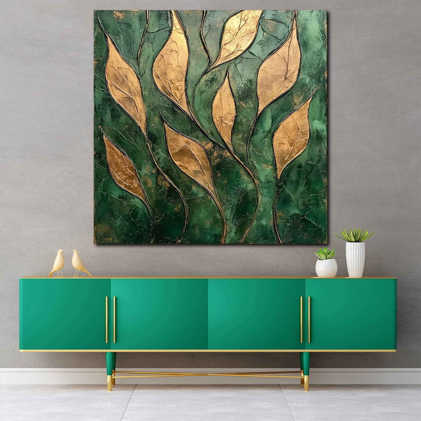 Goldene Blätter Struktur Grün Leinwandbild Wandbild Kunstdruck XL Wanddeko