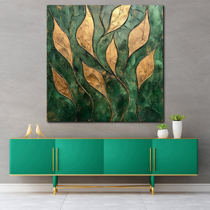 Goldene Blätter Struktur Grün Leinwandbild Wandbild Kunstdruck XL Wanddeko