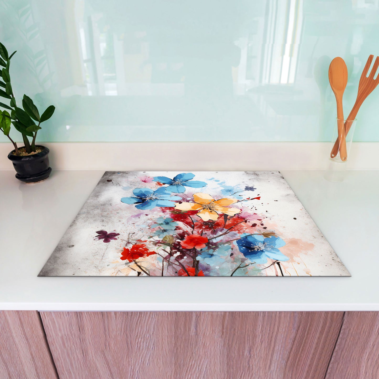 Bunte Blumen Herdabdeckplatte Vinyl Induktionsschutz Ceranfeld Kochfeld