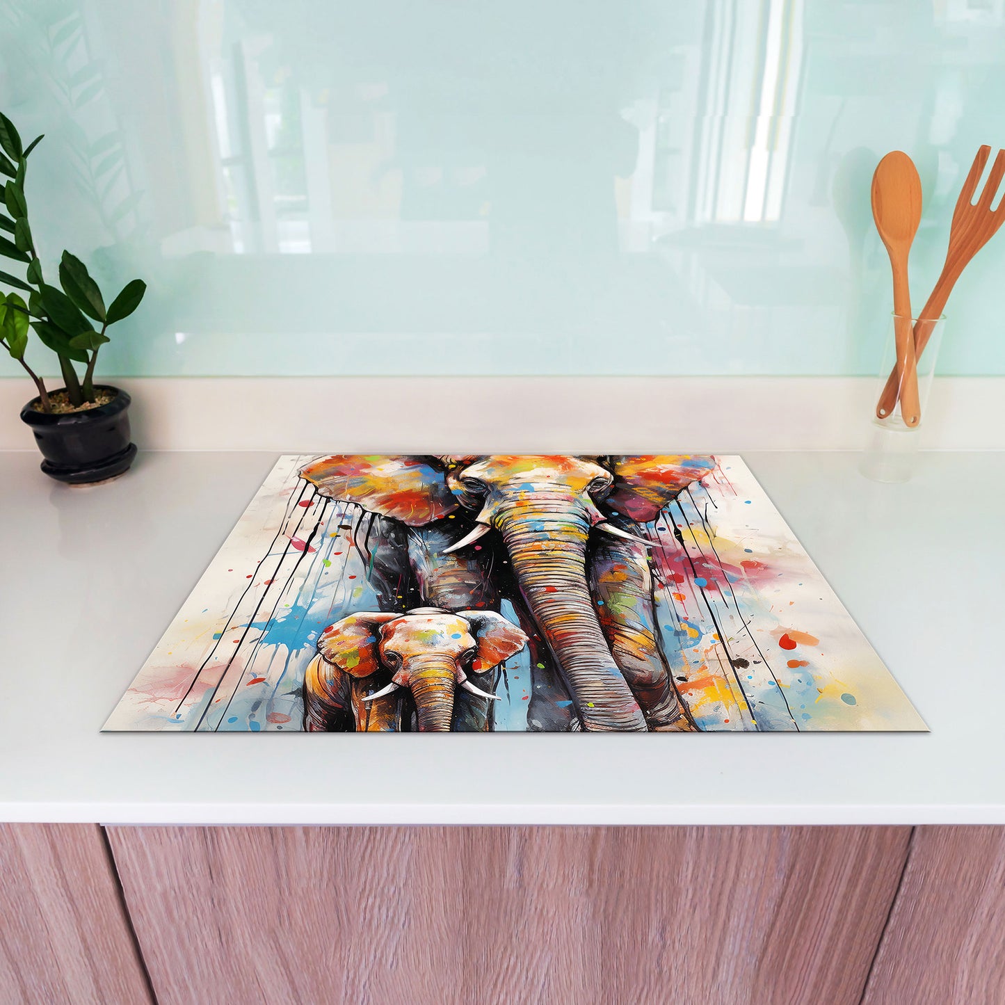 Elefant mit Baby Herdabdeckplatte Vinyl Induktionsschutz Ceranfeld Kochfeld