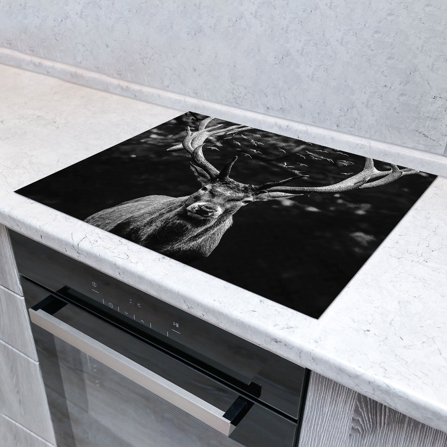 Hirsch schwarz weiß Herdabdeckplatte Vinyl Induktionsschutz Ceranfeld Kochfeld