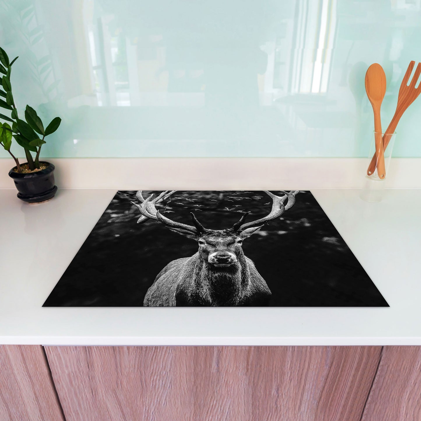 Hirsch schwarz weiß Herdabdeckplatte Vinyl Induktionsschutz Ceranfeld Kochfeld