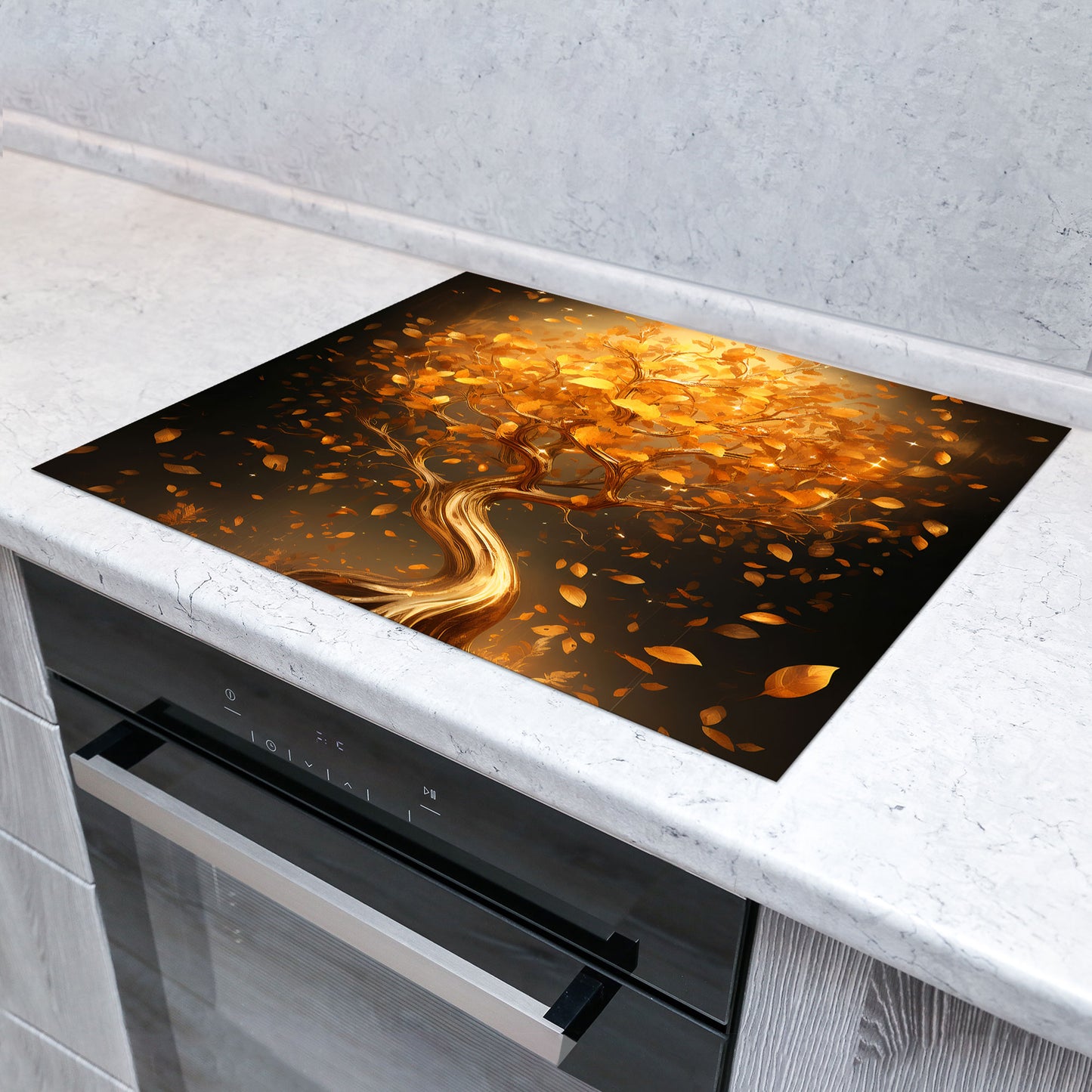 Lebensbaum golden Herdabdeckplatte Vinyl Induktionsschutz Ceranfeld Kochfeld