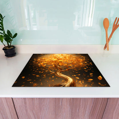 Lebensbaum golden Herdabdeckplatte Vinyl Induktionsschutz Ceranfeld Kochfeld
