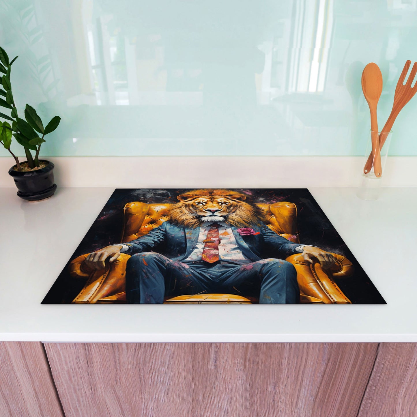 Löwe im Anzug Herdabdeckplatte Vinyl Induktionsschutz Ceranfeld Kochfeld