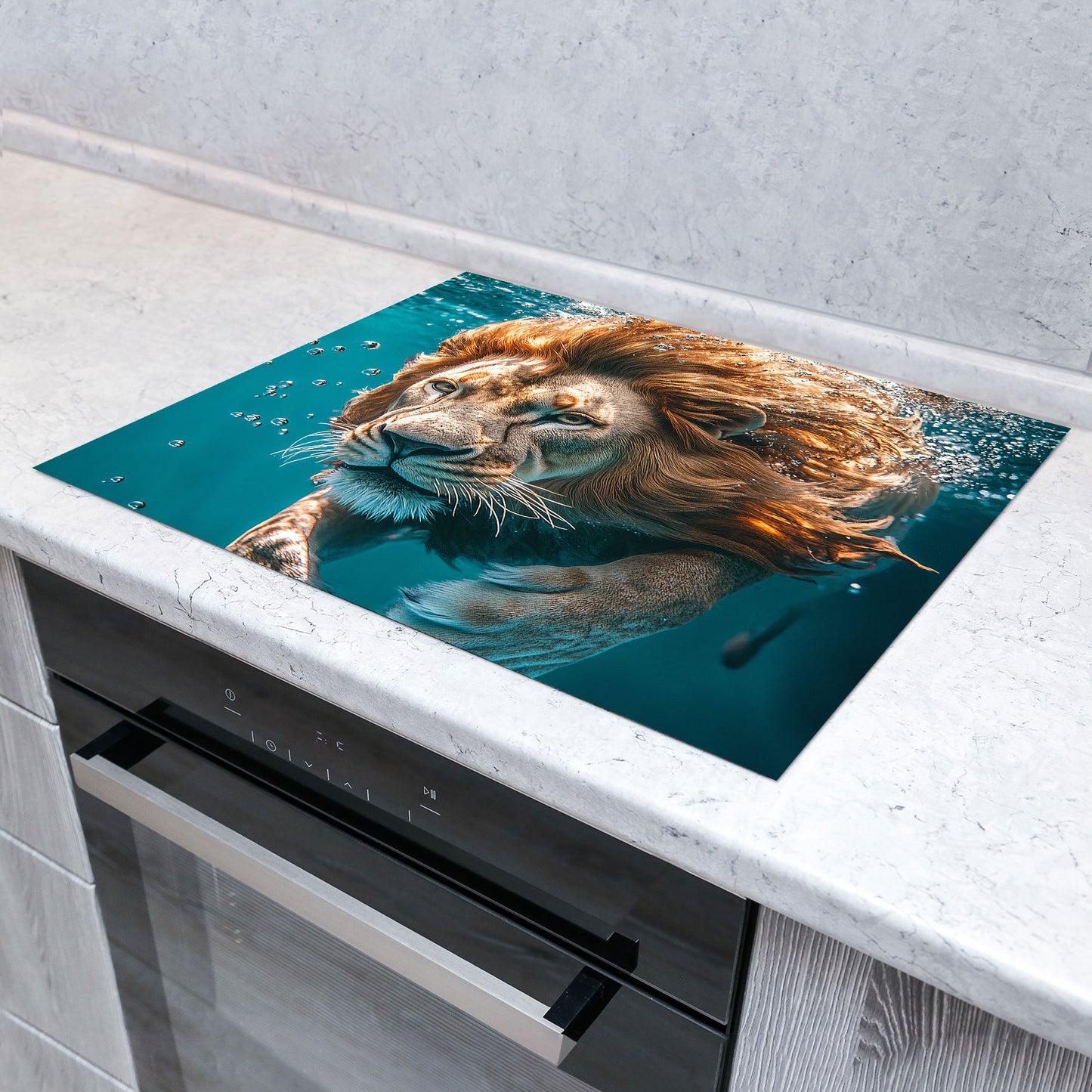 Löwe im Wasser Herdabdeckplatte Vinyl Induktionsschutz Ceranfeld Kochfeld