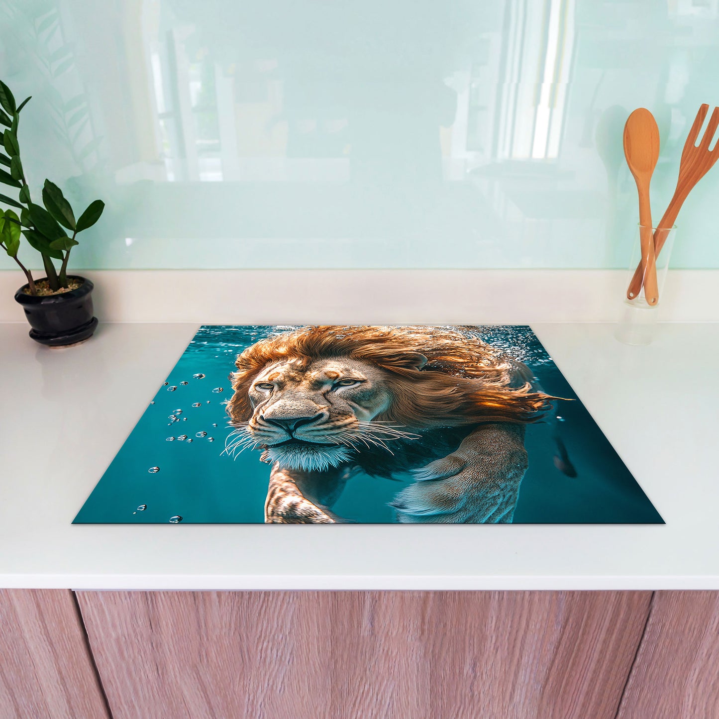 Löwe im Wasser Herdabdeckplatte Vinyl Induktionsschutz Ceranfeld Kochfeld