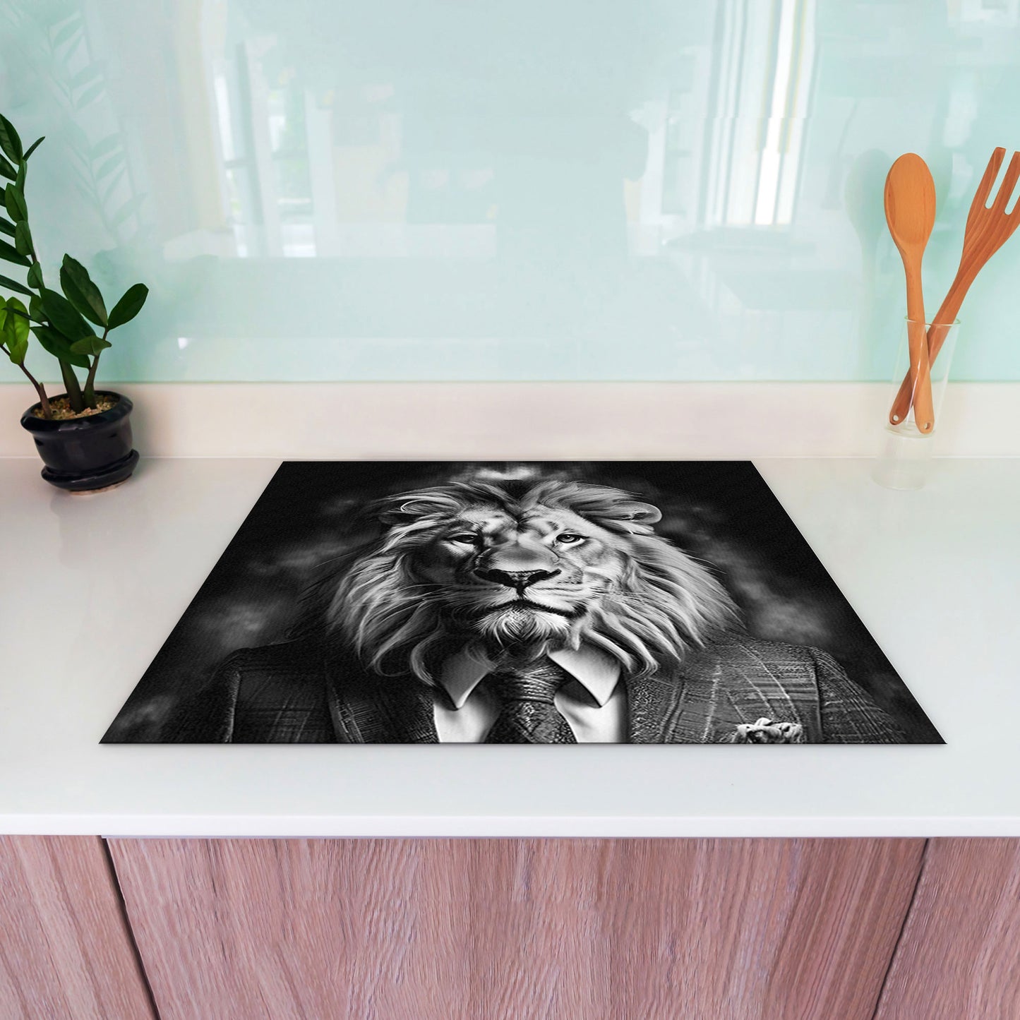 Löwe mit Anzug Herdabdeckplatte Vinyl Induktionsschutz Ceranfeld Kochfeld