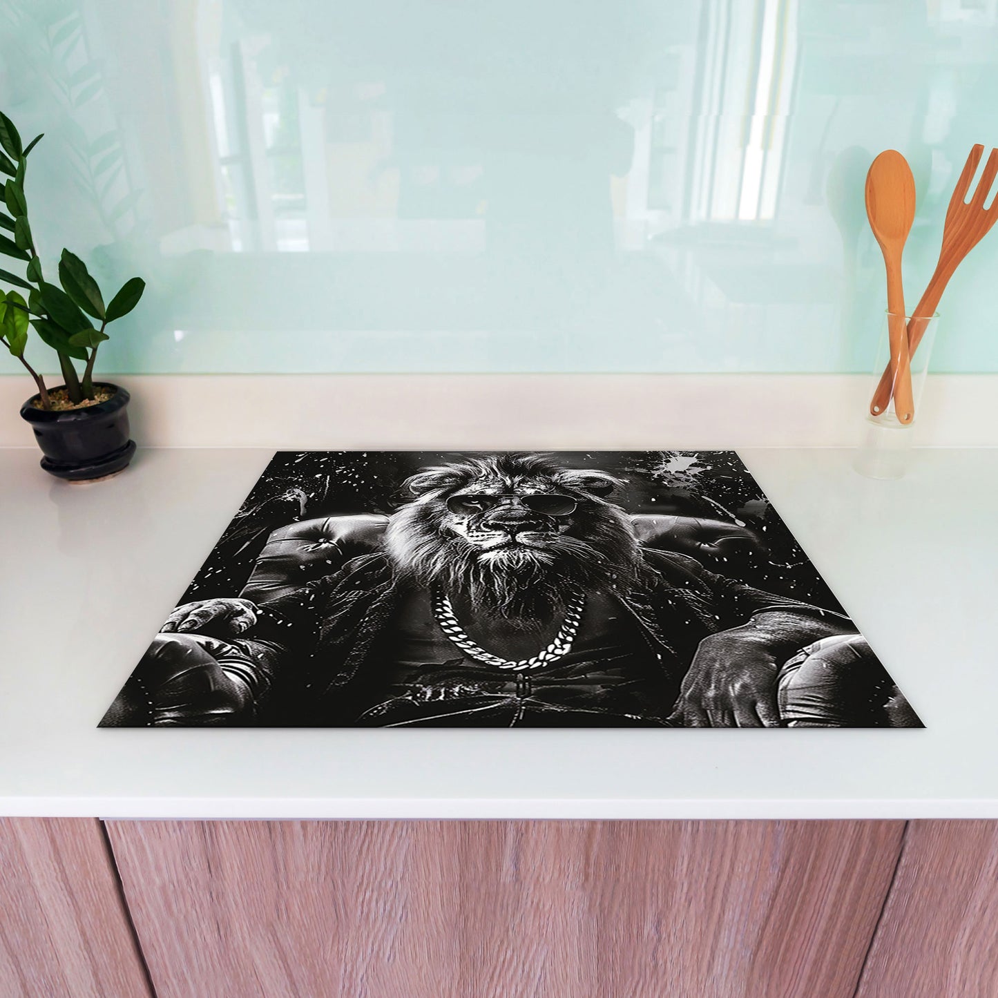 Löwe mit Sonnenbrille Herdabdeckplatte Vinyl Induktionsschutz Ceranfeld Kochfeld