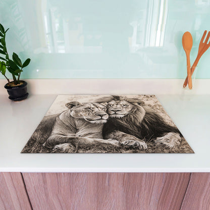 Löwenpaar Tiermotiv Herdabdeckplatte Vinyl Induktionsschutz Ceranfeld Kochfeld