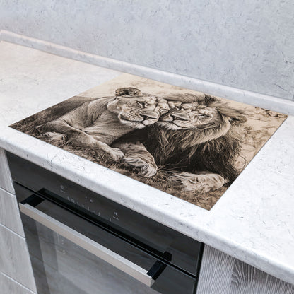 Löwenpaar Tiermotiv Herdabdeckplatte Vinyl Induktionsschutz Ceranfeld Kochfeld