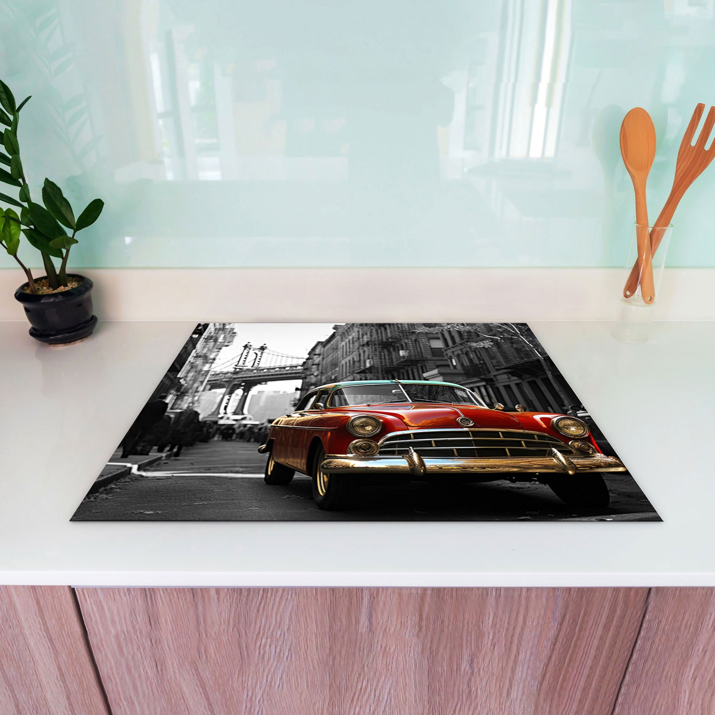 Oldtimer in Rot Herdabdeckplatte Vinyl Induktionsschutz Ceranfeld Kochfeld