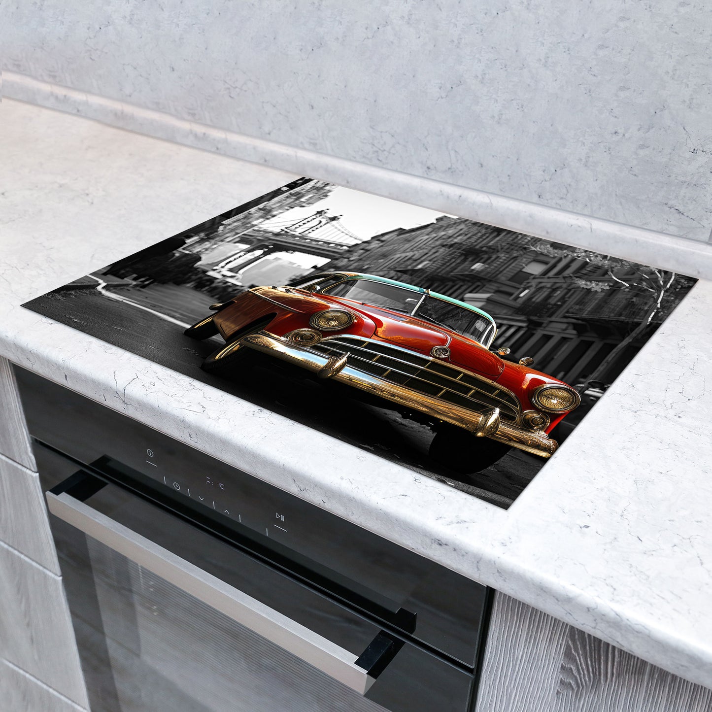 Oldtimer in Rot Herdabdeckplatte Vinyl Induktionsschutz Ceranfeld Kochfeld