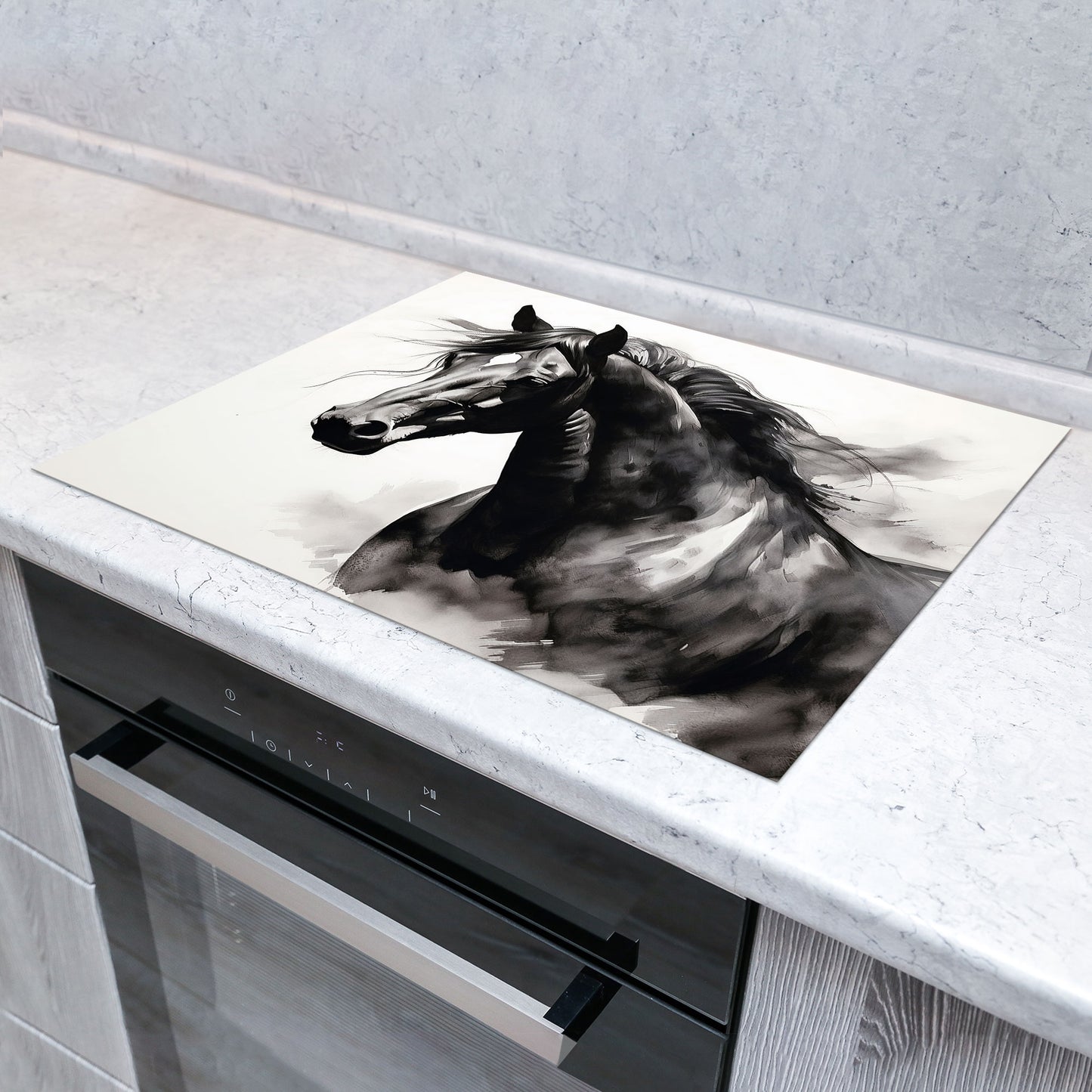 Pferd schwarz weiß Herdabdeckplatte Vinyl Induktionsschutz Ceranfeld Kochfeld