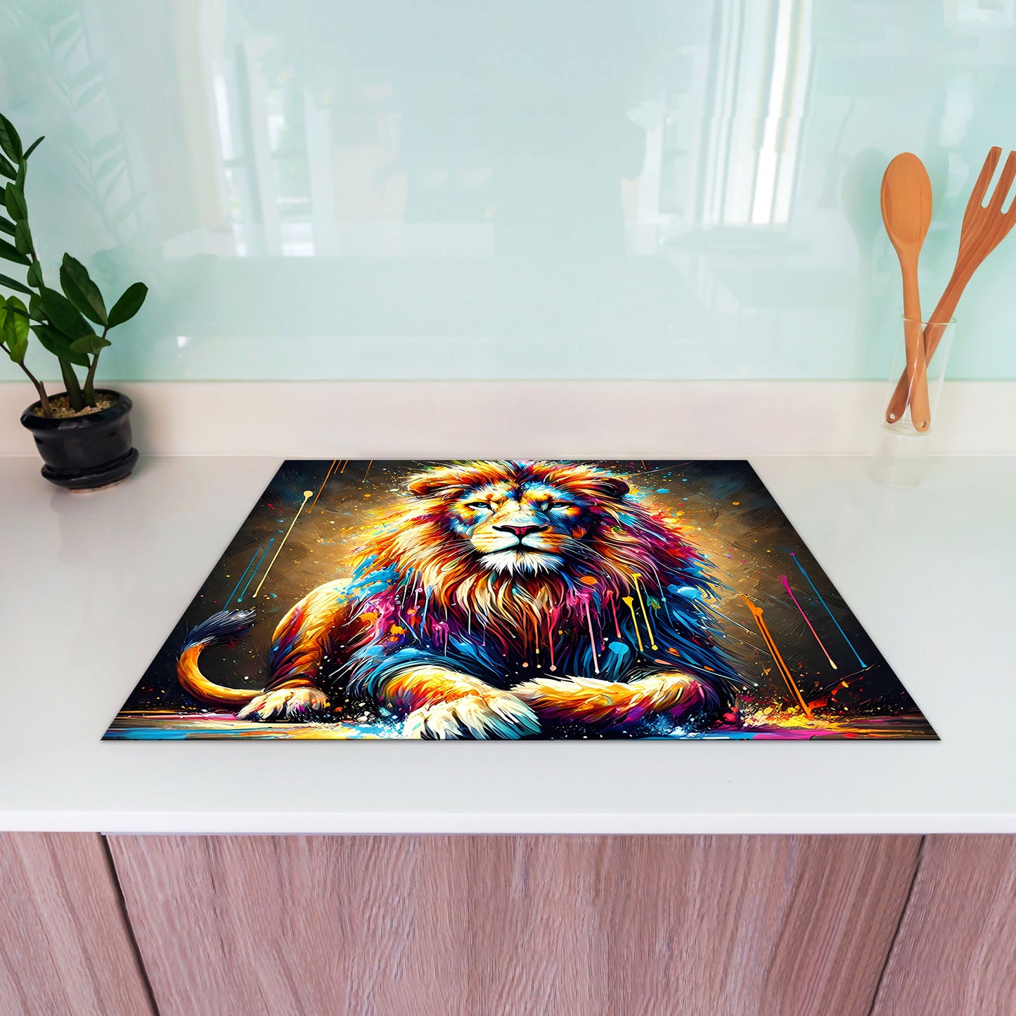 Pop Art Löwe Herdabdeckplatte Vinyl Induktionsschutz Ceranfeld Kochfeld