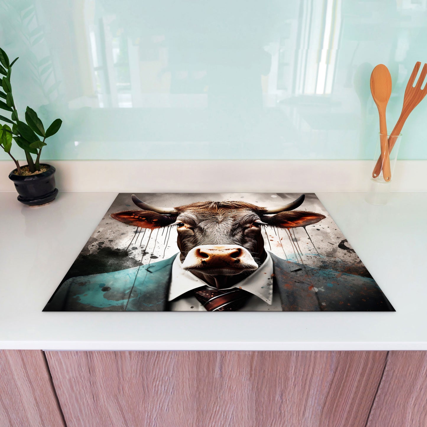 Stier im Anzug Herdabdeckplatte Vinyl Induktionsschutz Ceranfeld Kochfeld