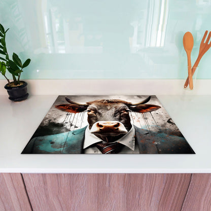 Stier im Anzug Herdabdeckplatte Vinyl Induktionsschutz Ceranfeld Kochfeld