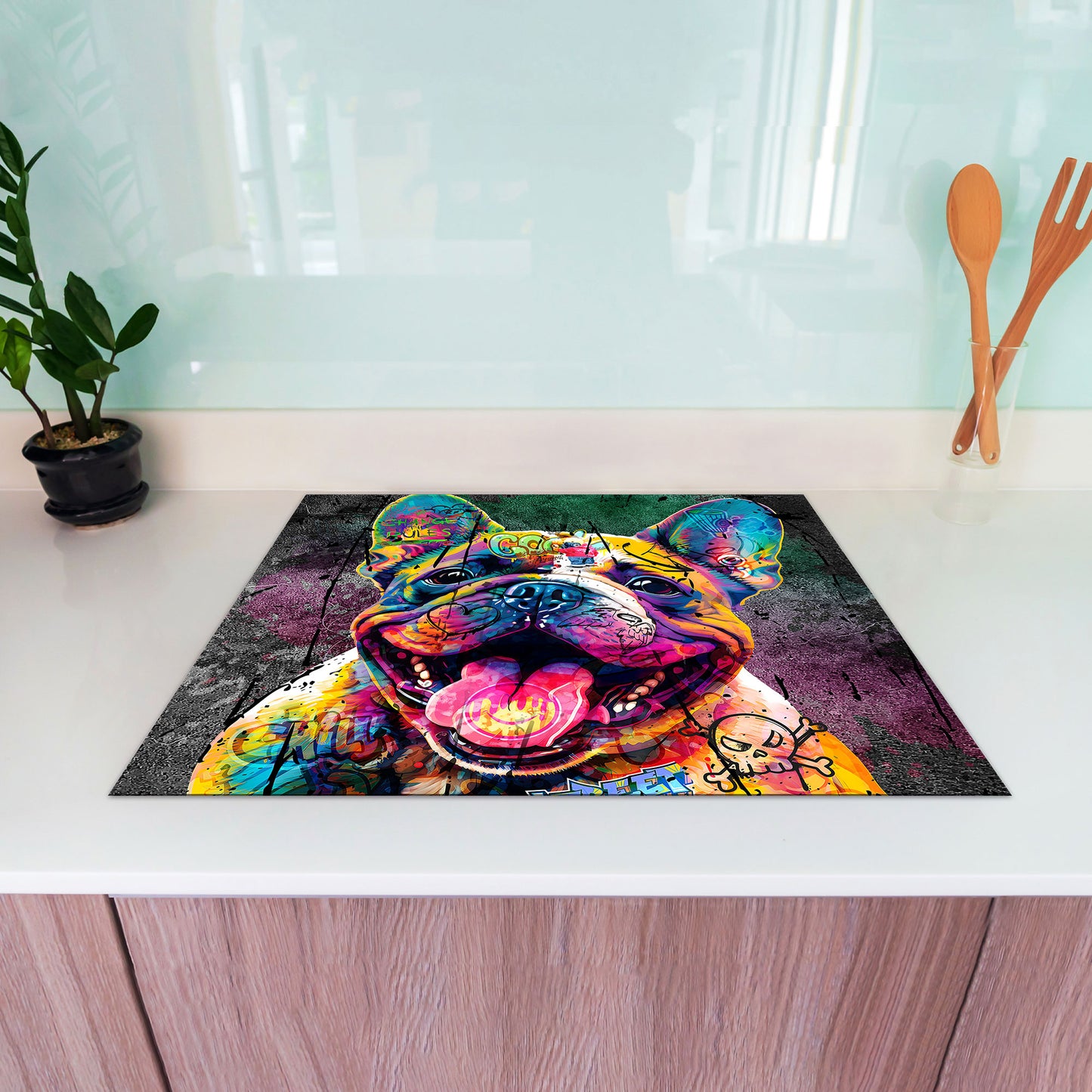 Street Art Bulldogge Herdabdeckplatte Vinyl Induktionsschutz Ceranfeld Kochfeld