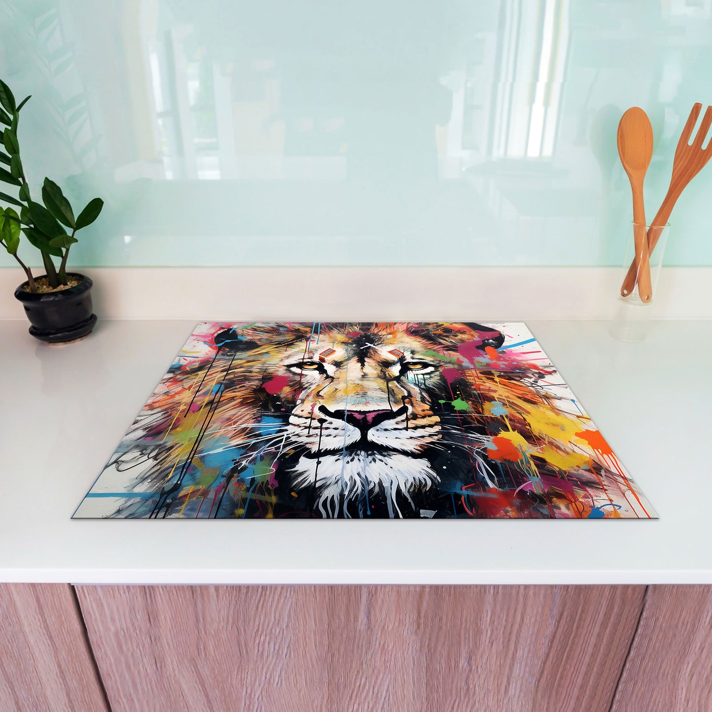 Street Art Löwenkopf Herdabdeckplatte Vinyl Induktionsschutz Ceranfeld Kochfeld