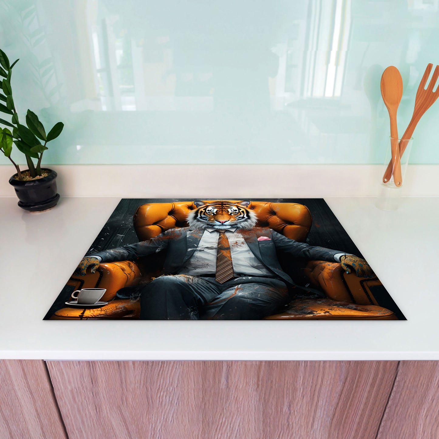 Tiger im Anzug Herdabdeckplatte Vinyl Induktionsschutz Ceranfeld Kochfeld