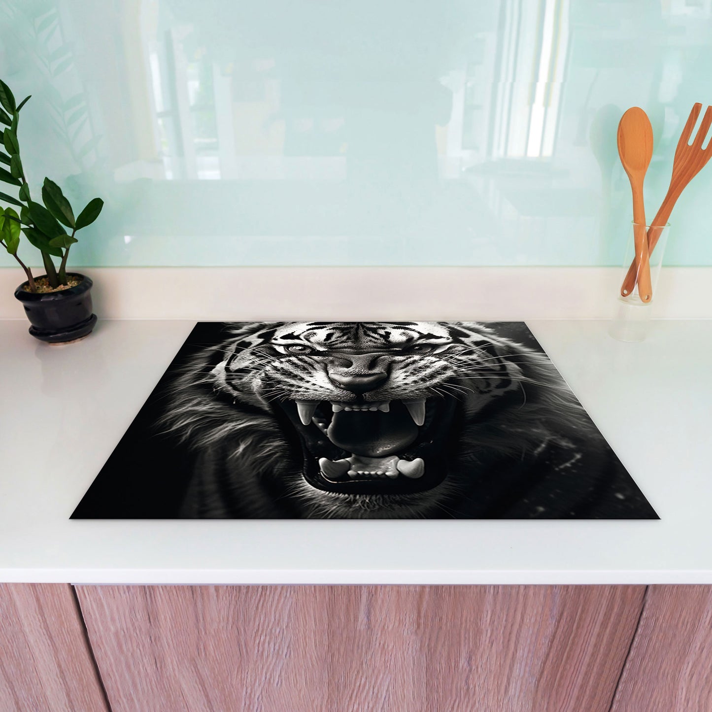 Tiger schwarz weiß Herdabdeckplatte Vinyl Induktionsschutz Ceranfeld Kochfeld