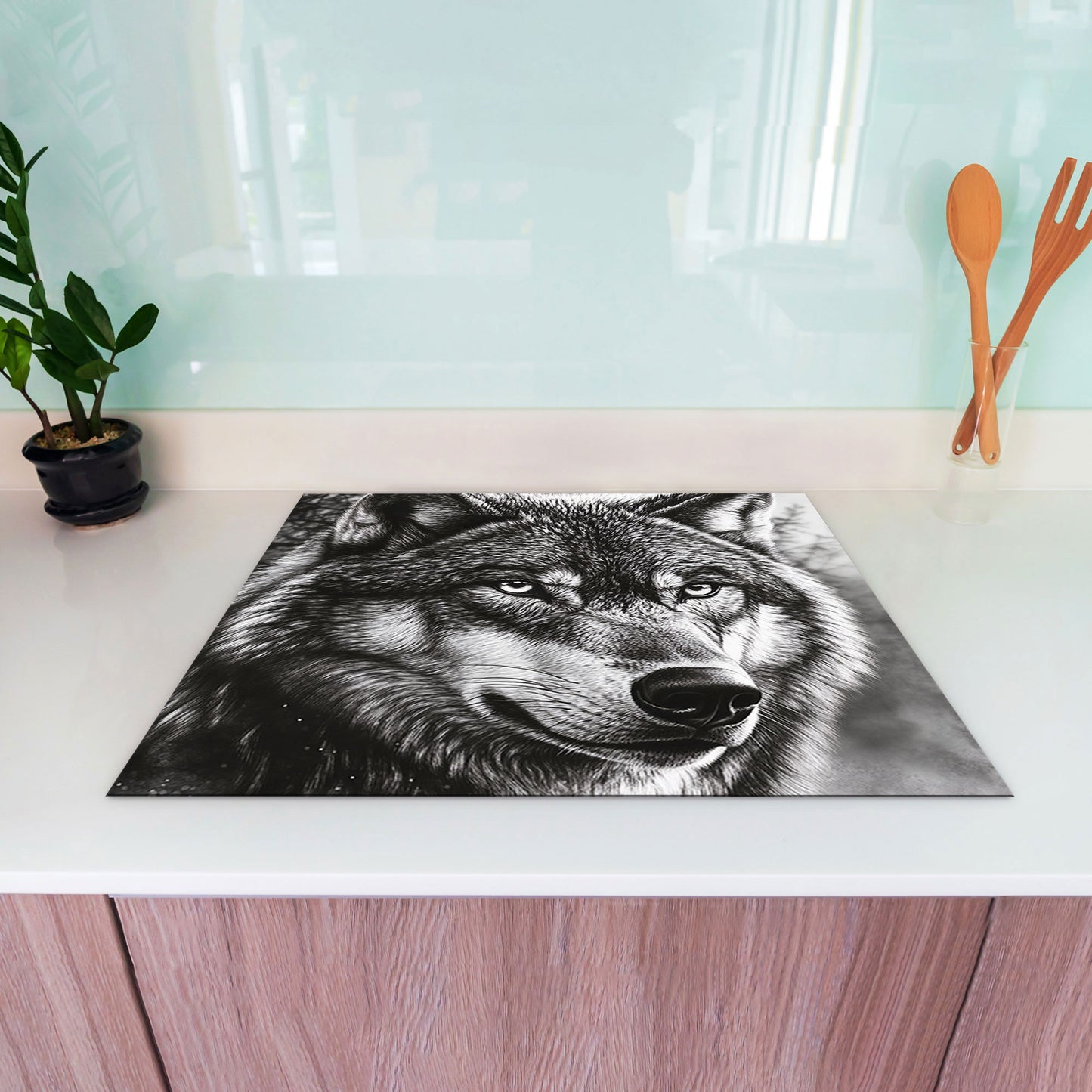 Wolf Porträt Herdabdeckplatte Vinyl Induktionsschutz Ceranfeld Kochfeld