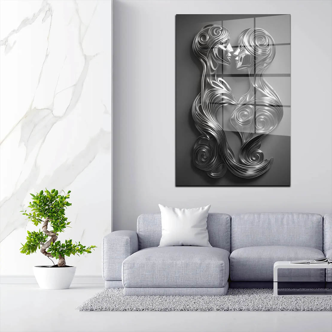 Kiss Silver Metallfiguren abstrakt Acrylglasbild Wandbild Bild Wanddeko Wohnzimmer XL