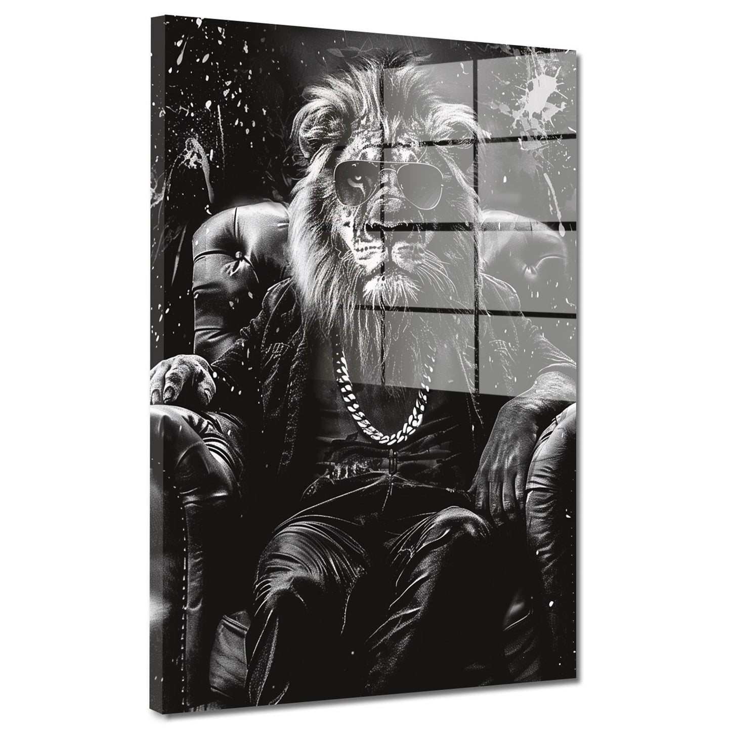 Löwe mit Sonnenbrille im Sessel Acrylglasbild Wandbild Wanddeko Wohnzimmer XL