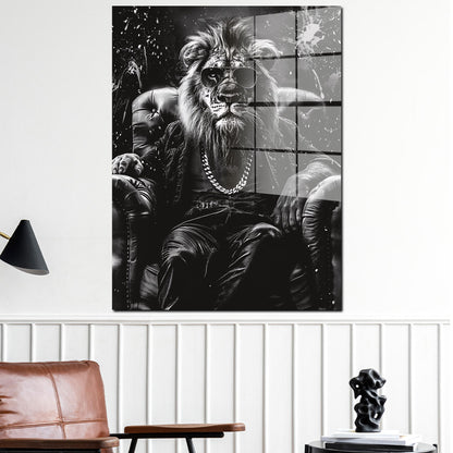 Löwe mit Sonnenbrille im Sessel Acrylglasbild Wandbild Wanddeko Wohnzimmer XL