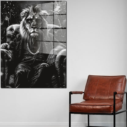 Löwe mit Sonnenbrille im Sessel Acrylglasbild Wandbild Wanddeko Wohnzimmer XL