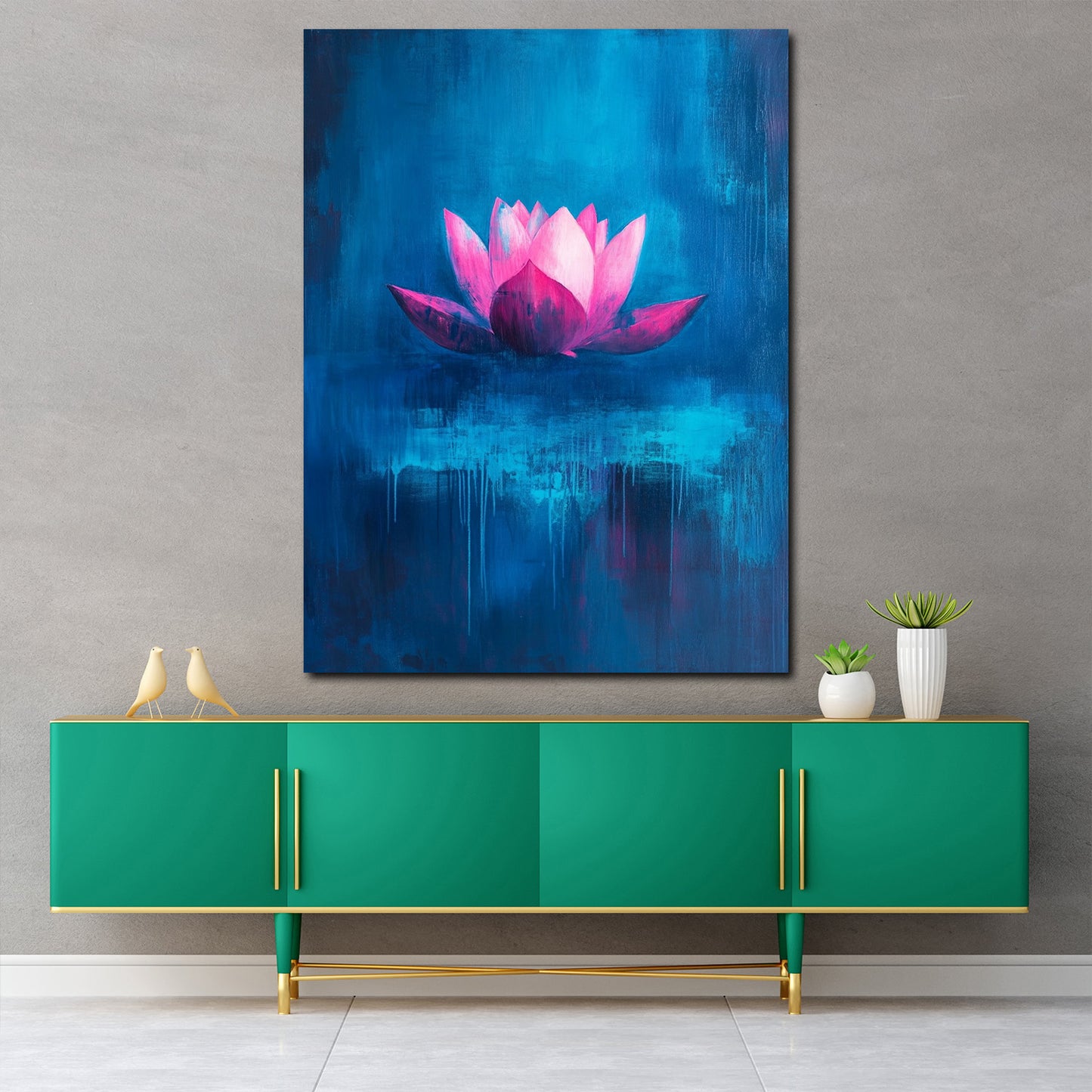 Lotusblume abstrakt Pink Blau Leinwandbild Wandbild Kunstdruck XL Wanddeko