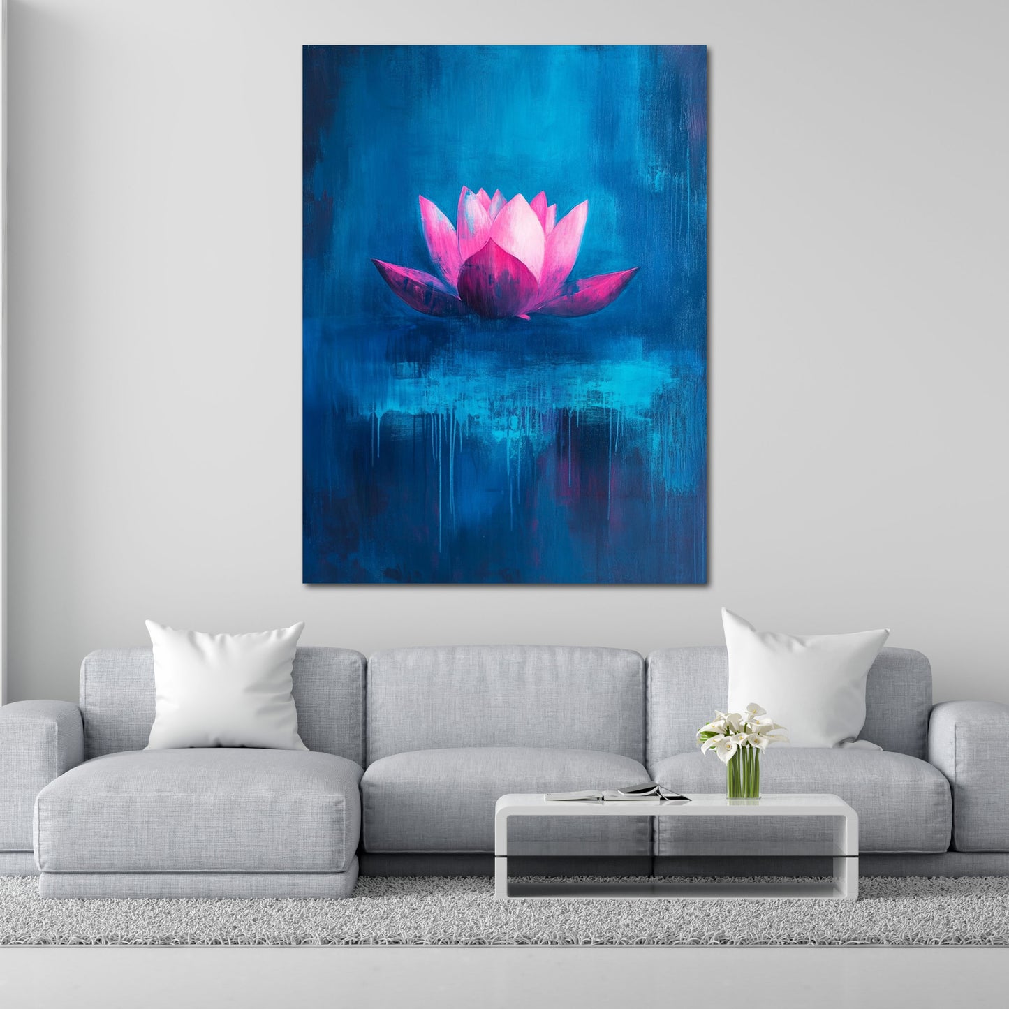 Lotusblume abstrakt Pink Blau Leinwandbild Wandbild Kunstdruck XL Wanddeko