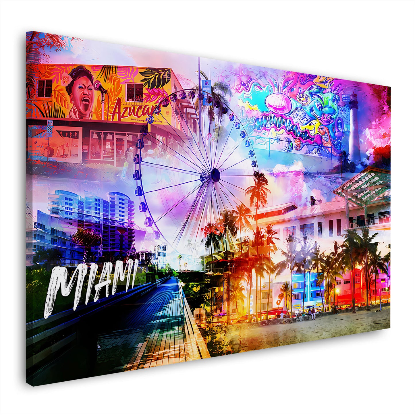 Miami USA Pop Art Palmen Skyline Wandbild Leinwandbild Kunstdruck XL Wanddeko