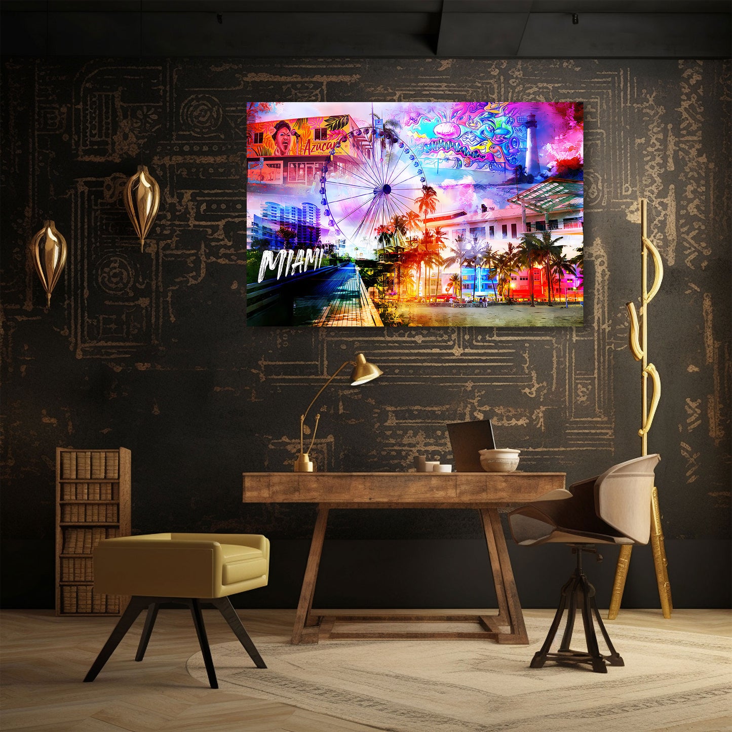 Miami USA Pop Art Palmen Skyline Wandbild Leinwandbild Kunstdruck XL Wanddeko