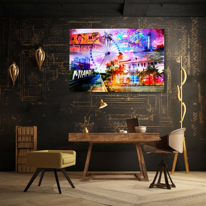 Miami USA Pop Art Palmen Skyline Wandbild Leinwandbild Kunstdruck XL Wanddeko