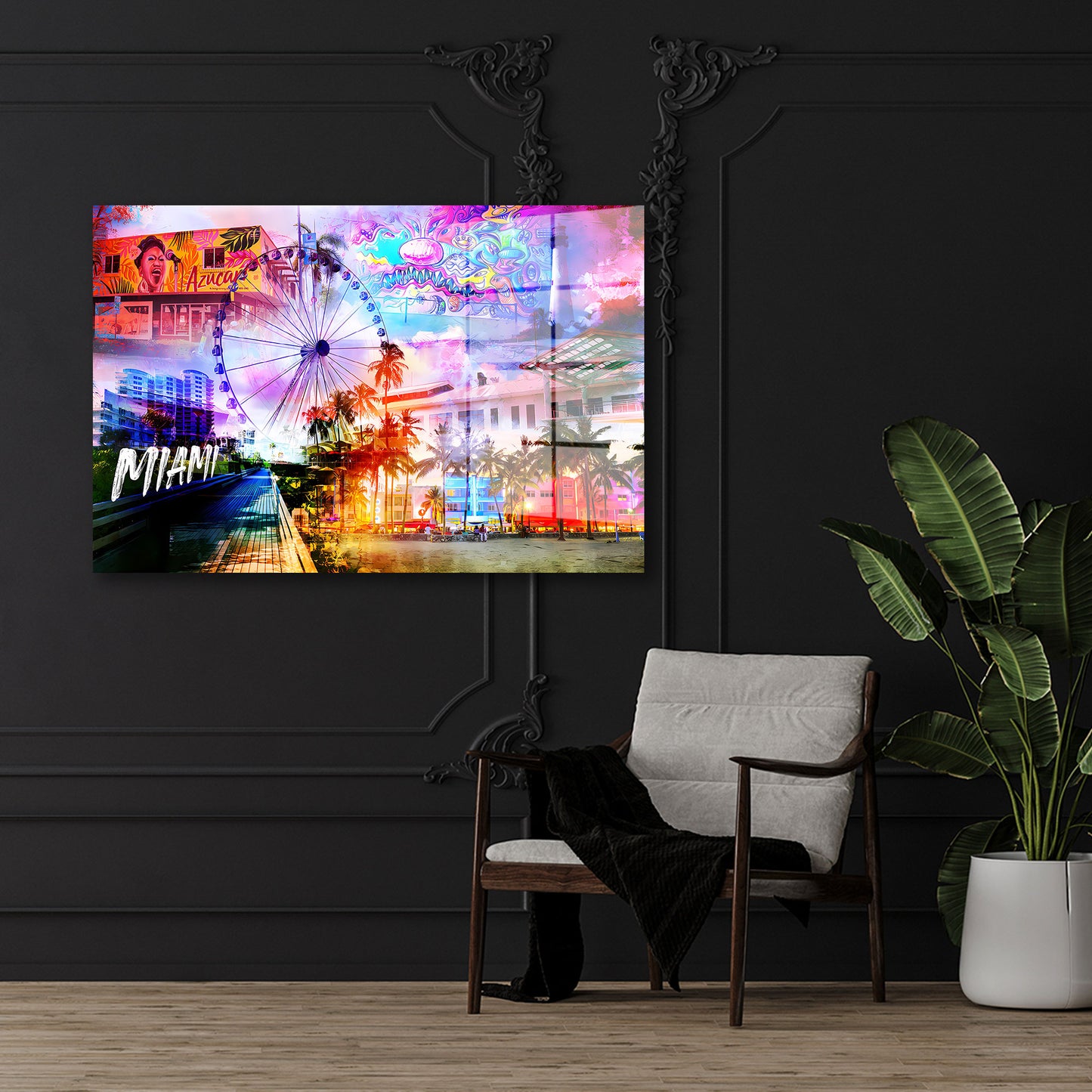 Miami USA Pop Art Palmen Skyline Acrylglasbild Wandbild Wanddeko Wohnzimmer XL