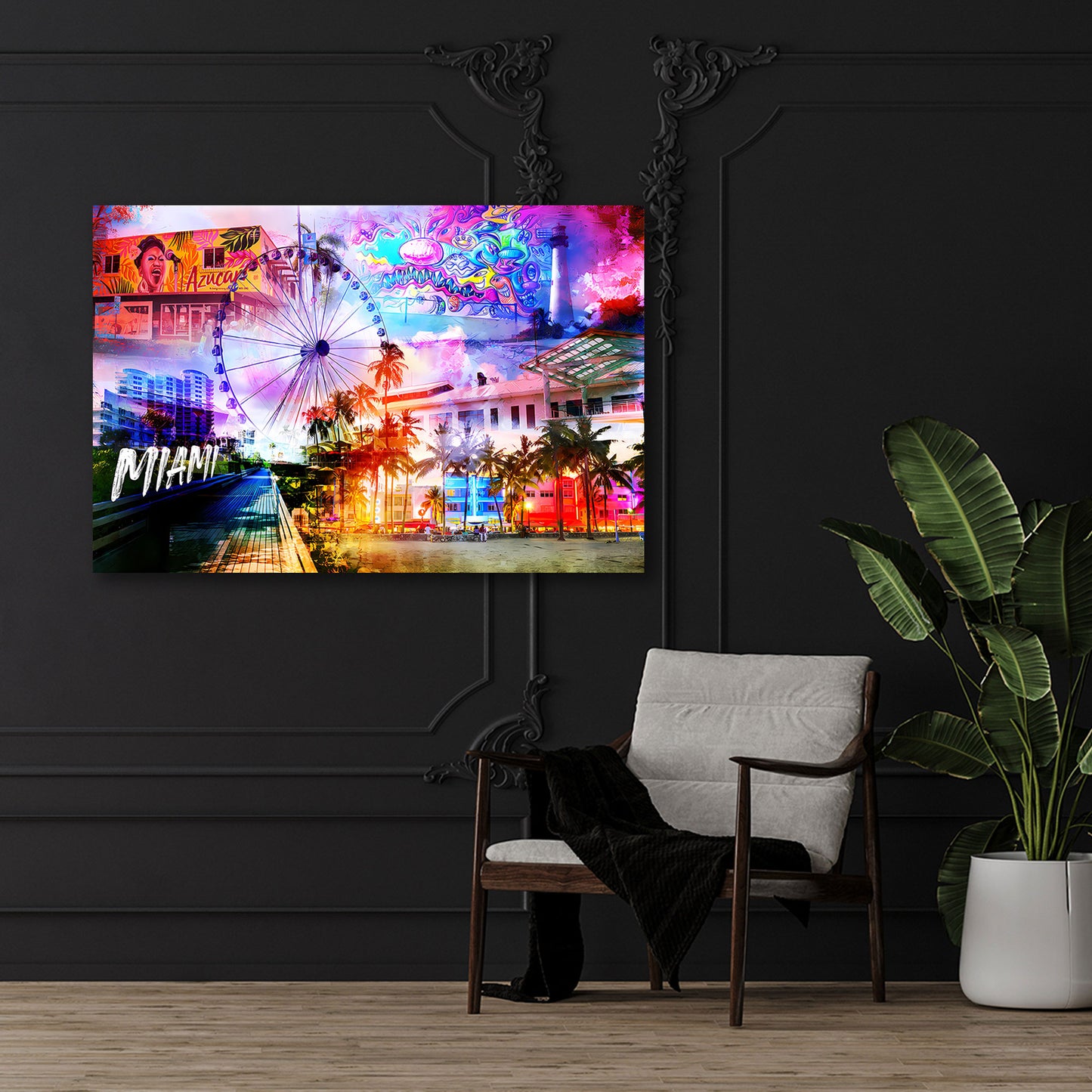 Miami USA Pop Art Palmen Skyline Wandbild Leinwandbild Kunstdruck XL Wanddeko