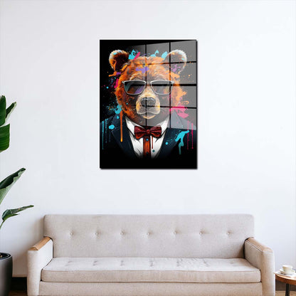 Pop Art Bär im Anzug Acrylglasbild Wandbild Bild Wanddeko Wohnzimmer XL