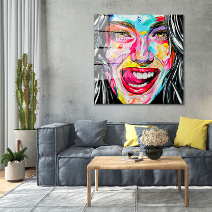 Pop Art Frau Smile Acrylglasbild Wandbild Bild Wanddeko Wohnzimmer XL