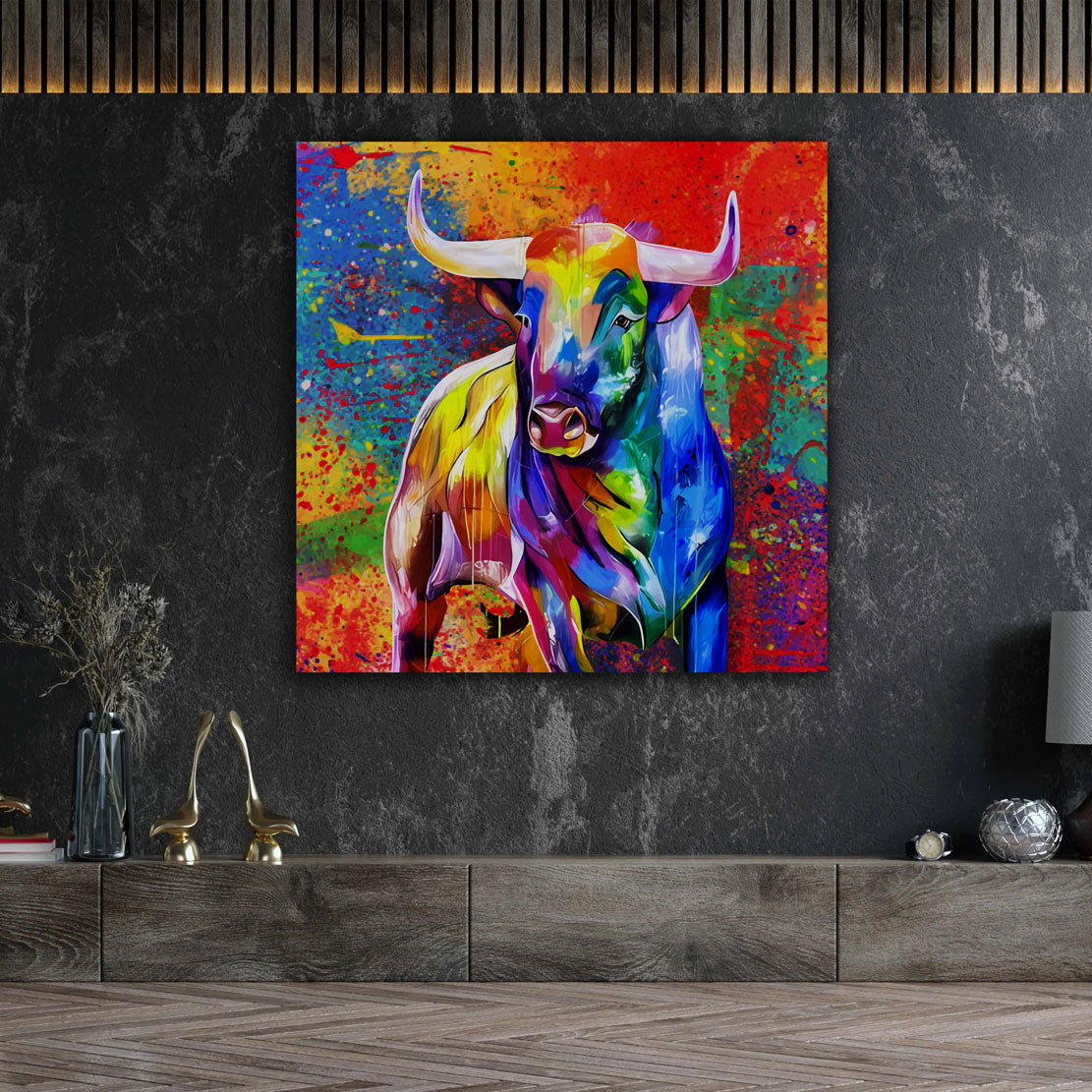 Pop Art Bull Stier farbig Leinwandbild Wandbild Kunstdruck XL Wanddeko
