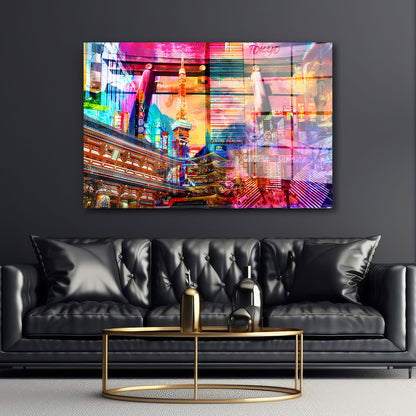 Pop Art Tokyo Skyline Neonlichter Acrylglasbild Wandbild Wanddeko Wohnzimmer XL