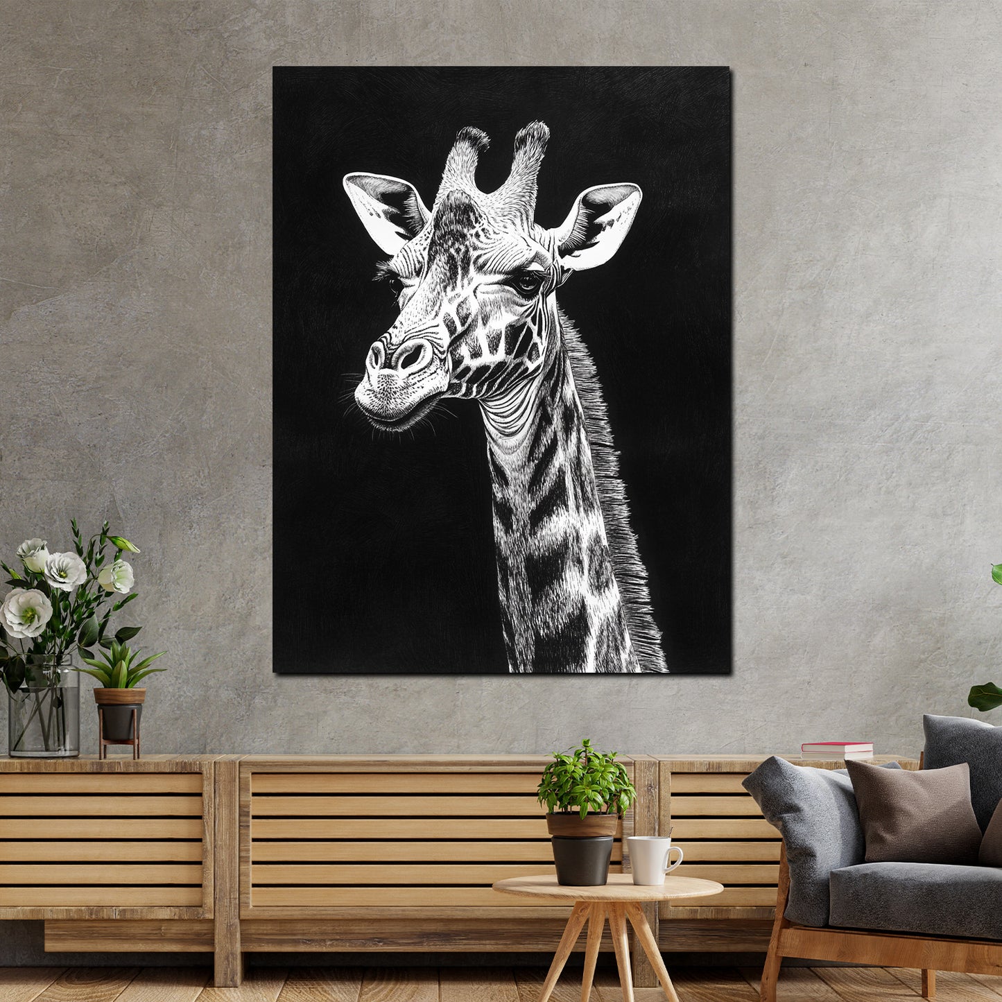 Schwarz Weiß Giraffe Tierporträt Leinwandbild Wandbild Kunstdruck XL Wanddeko