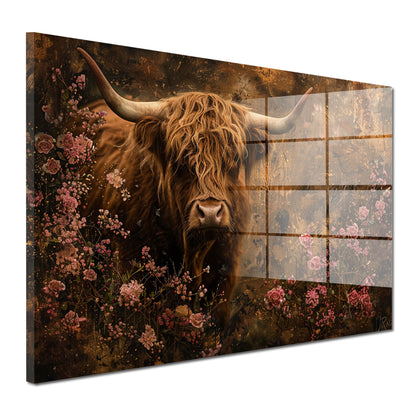 Stolze Kuh inmitten von Blumen Acrylglasbild Wandbild Wanddeko Wohnzimmer XL