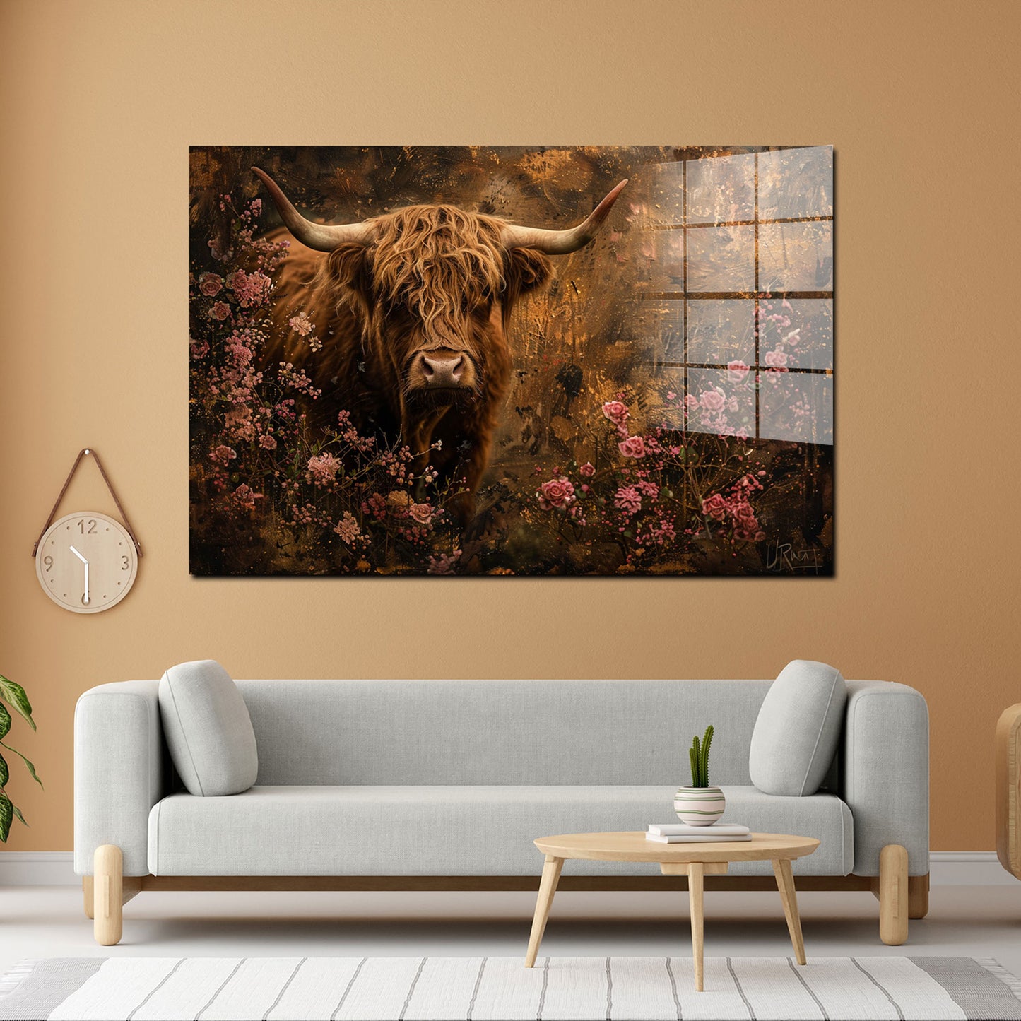 Stolze Kuh inmitten von Blumen Acrylglasbild Wandbild Wanddeko Wohnzimmer XL