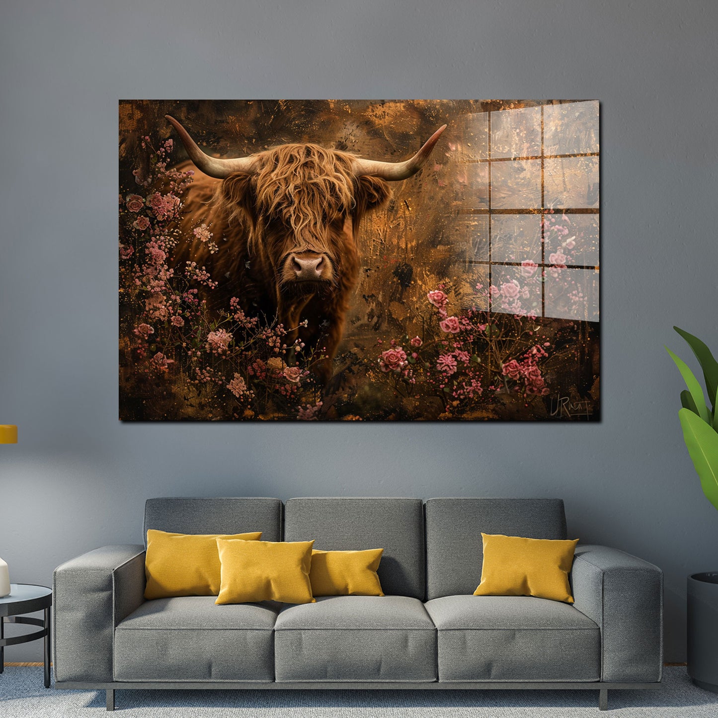 Stolze Kuh inmitten von Blumen Acrylglasbild Wandbild Wanddeko Wohnzimmer XL