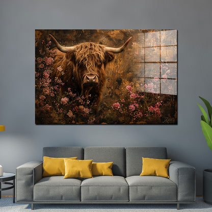 Stolze Kuh inmitten von Blumen Acrylglasbild Wandbild Wanddeko Wohnzimmer XL