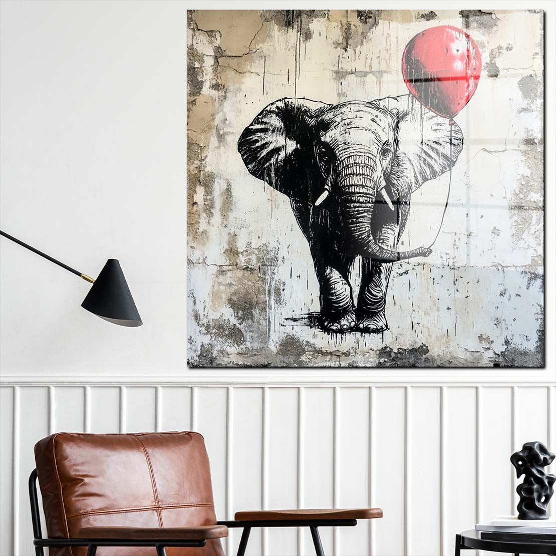 Street Art Elefant mit Ballon Acrylglasbild Wandbild Bild Wanddeko Wohnzimmer XL