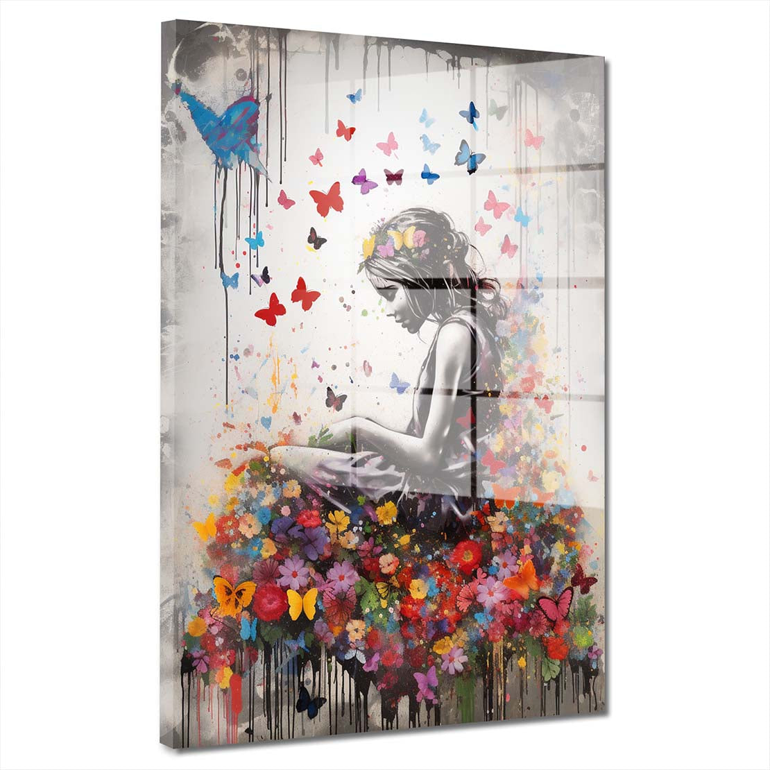 Street Art Mädchen mit Blumen Acrylglasbild Wandbild Wanddeko Wohnzimmer XL