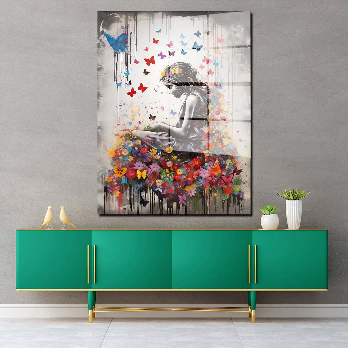 Street Art Mädchen mit Blumen Acrylglasbild Wandbild Wanddeko Wohnzimmer XL