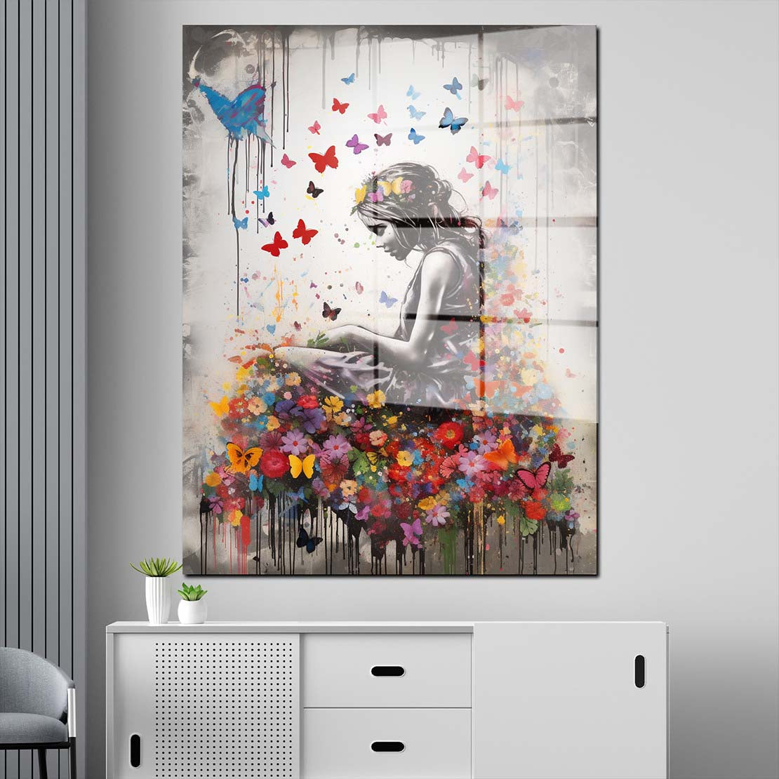 Street Art Mädchen mit Blumen Acrylglasbild Wandbild Wanddeko Wohnzimmer XL